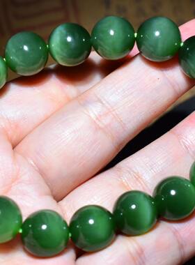 JJ031101新疆的猫47.8克12mm纯净老坑俄料碧玉猫眼圆珠手链