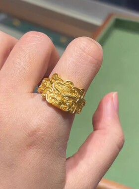 黄金色瑞兽饕餮戒指兽面纹高级霸气戒指男转运招财轻奢高级感指环