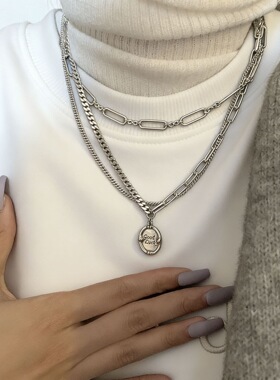 韩版字母高级感双层项链女复古简约叠戴锁骨链气质时尚文艺毛衣链