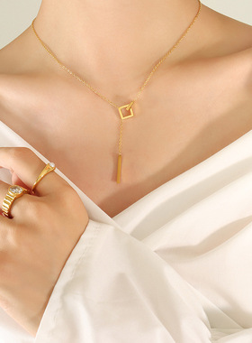 2512网红同款几何方块长条流苏项链女小众设计冷淡风百搭锁骨链