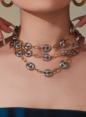 2511鑫艺鑫不锈钢拼色猪鼻子粗链条项链古巴ins时尚百搭个性