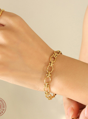 欧美ins时尚简约气质粗链条情侣手链首饰钛钢18k金 拼接手链饰品