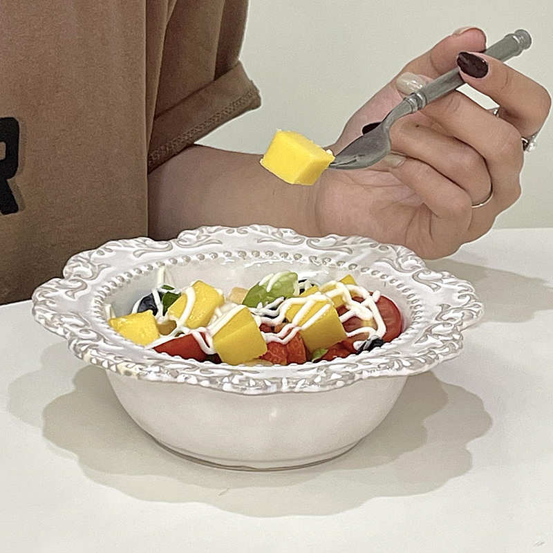 复古ins风浮雕花边陶瓷甜品碗西餐意面碗水果沙拉碗小吃零食餐具 - 图3