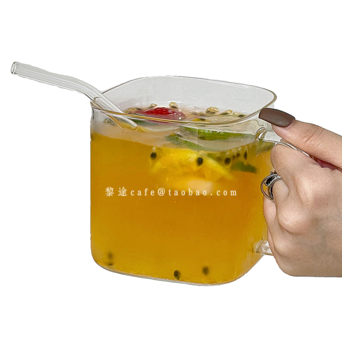 小众简约大容量方形水果茶玻璃杯家用带把饮料玻璃杯冷饮果汁杯 - 图3