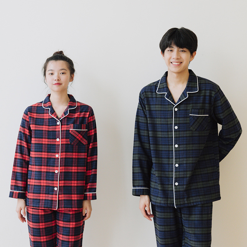 秋冬季男士加厚纯棉磨毛绒布睡衣女士套装格子情侣家居服出口日本 - 图1