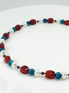 【一束含苞待放的红玫瑰】原创设计师天然珍珠玛瑙蓝磷灰石项链