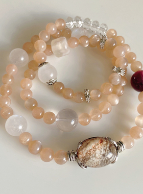 天然金沙橙月光手链粉幽灵紫锂云母蓝月光白水晶樱花玛瑙多圈手串