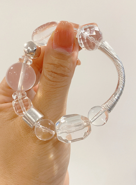 天然白水晶半镯手链女款925银单圈手串六芒星光粉水晶女友礼物