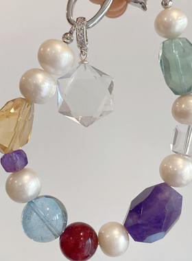 天然蓝托帕宝石珍珠水晶手链白水晶紫水晶黄水晶单圈手链多宝手串