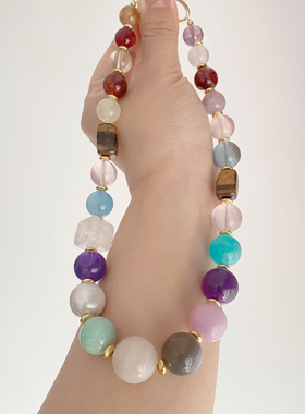 天然多宝项链灰白兔毛紫超七红胶花粉水黄塔晶天河石萤石月光石