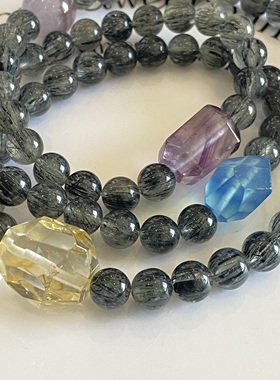 天然黑发晶魔鬼蓝海蓝宝手串巴西黄水晶紫水晶半盆紫兔毛多圈