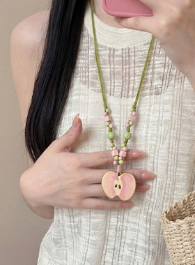 森系粉色陶瓷苹果柴串珠项链