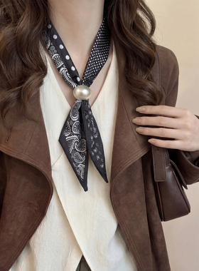 法式复古格子波点丝巾项链女高级感气质小众设计系脖配饰毛衣链