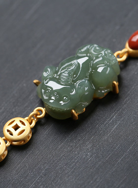 和田玉且末蓝小貔貅手链925纯银手串貔貅女玉石南红玛瑙