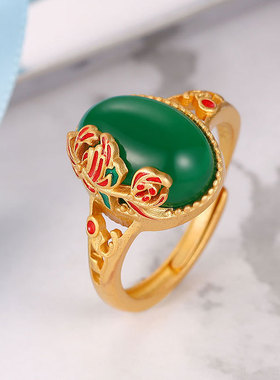 s925银镶天然和田戒指国潮风女指环民族风鎏金工艺银饰戒指