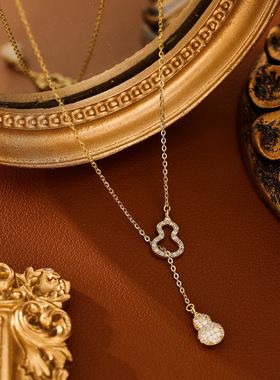 铜镀真金双葫芦可抽拉项链女ins风百搭气质锁骨链轻奢感项链