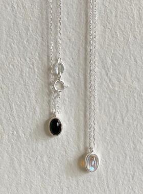 天然彩石黑曜石白铜镀厚银项链女复古轻奢小众锁骨链感