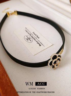 真金电镀滴油花朵项链锆石皮革珍珠锁骨链小众感choker项饰女