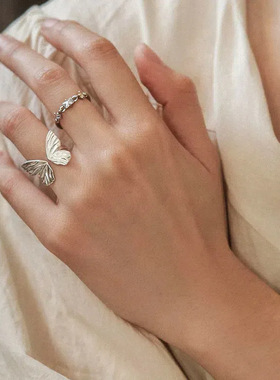 s925纯银镀金小清新蝴蝶戒指女小众复古个性气质百搭百搭指环