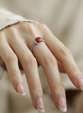 925纯银南红玛瑙红方糖镂空新中式民族风复古戒指女指环国风小众