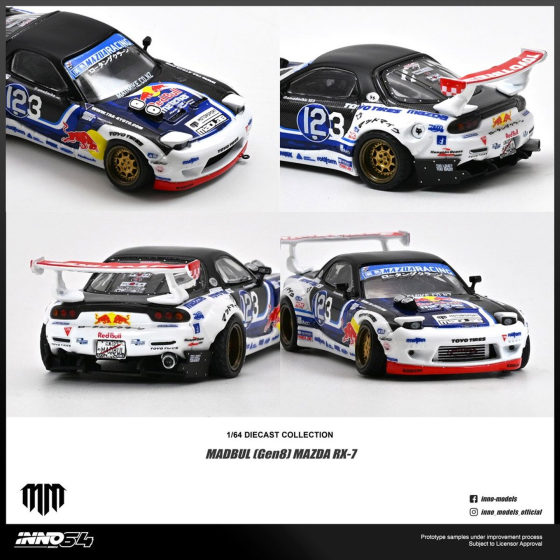 INNO 1 64 Mazda RX-7 FD3S 8th Generation Drift Chariot Red Bull Alloy Car Model Collection