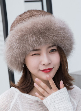 女编织狐狸毛太阳盆帽潮优雅帽子