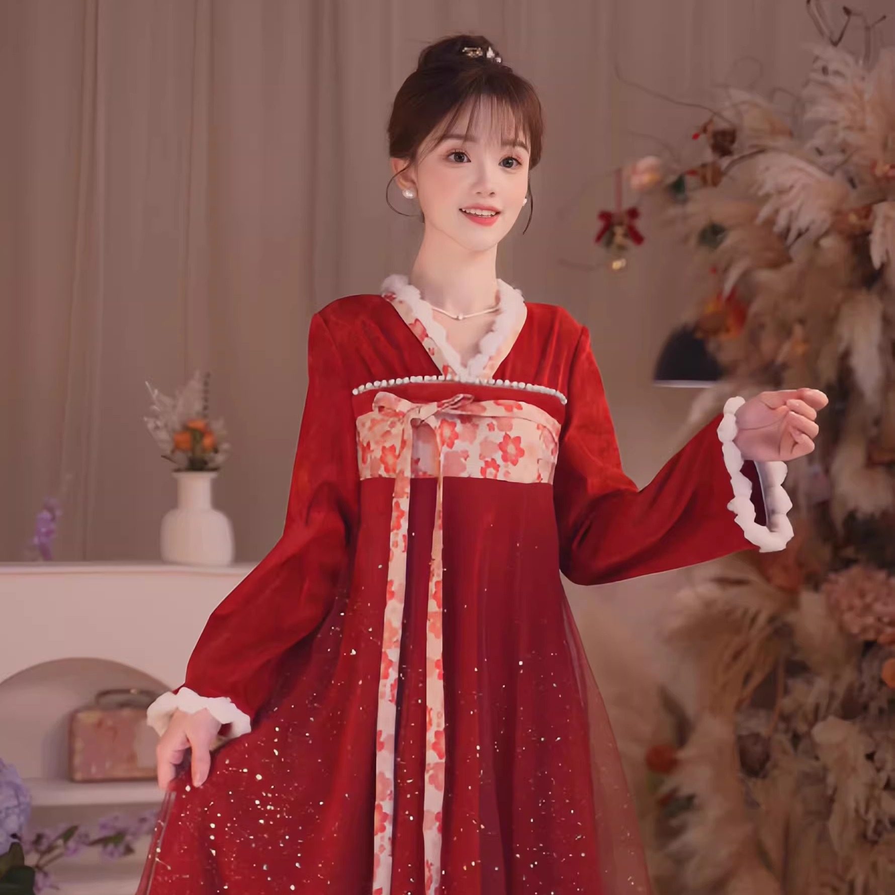 瑶西【红裕鎏金】冬季国风原创新款丝绒洒金长袖国风汉服连衣裙,淘宝优惠券,粉丝福利购,淘宝优惠卷