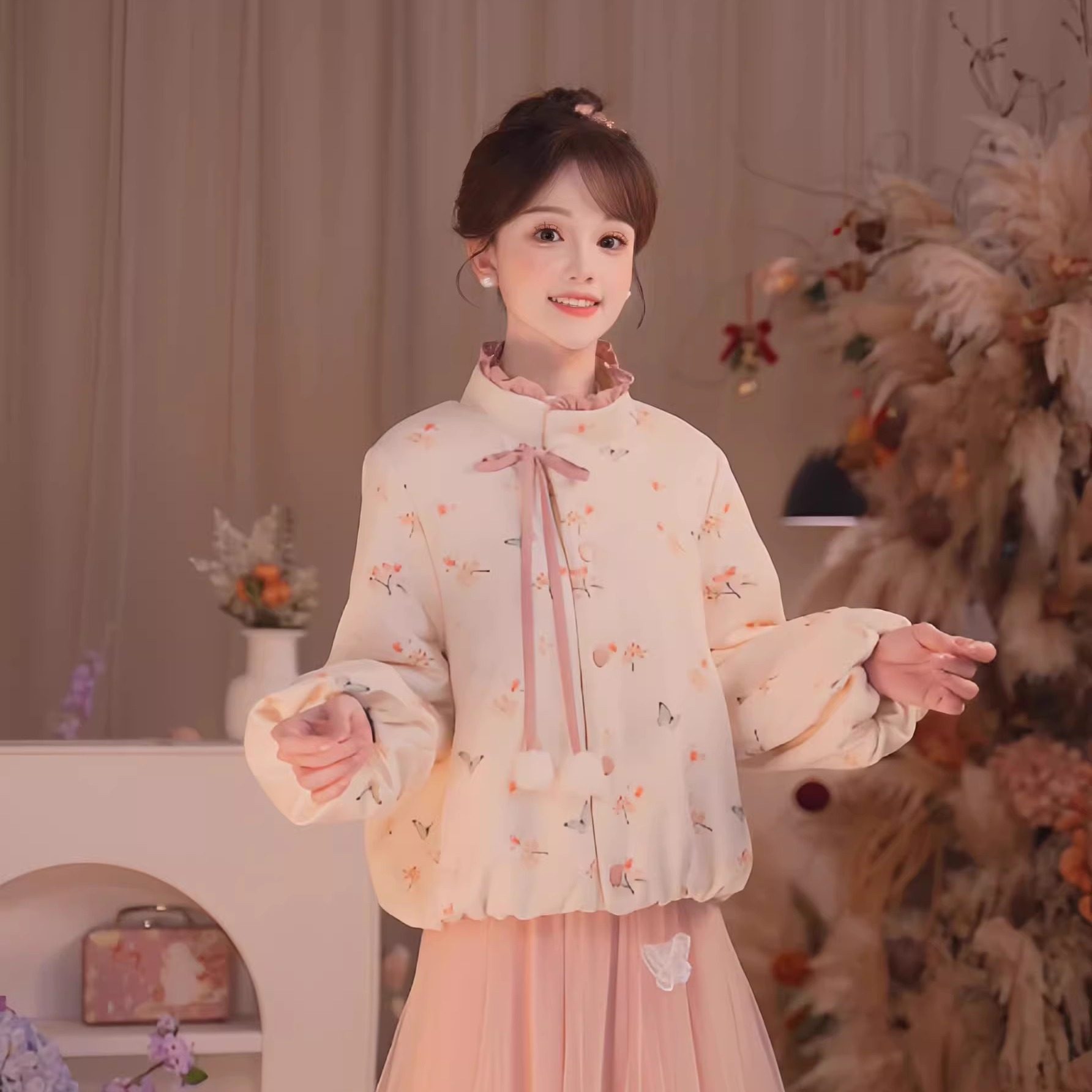 瑶西【粉枝蝶影】冬季厚款印花外套立体蝴蝶仙雾粉加绒半裙女套装,淘宝优惠券,粉丝福利购,淘宝优惠卷