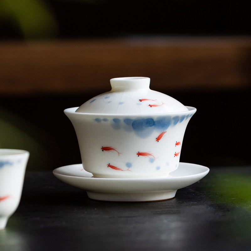 Gaiwan Kungfu tea set Bairu kiln open slice hand painted fish