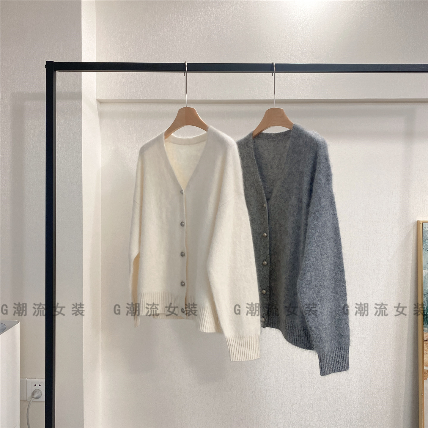 高端品质感轻盈保暖宽松直筒V领山羊绒羊毛衫拉毛开衫外套女秋冬 - 图2