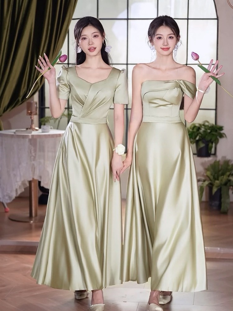 2024新款绿色伴娘服缎面夏季高级小众姐妹团性感显瘦气质平时可穿