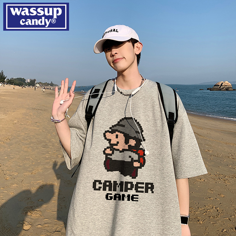 WASSUP CANDY白色重磅潮牌短袖t恤男夏季宽松大码情侣装上衣体恤-图2