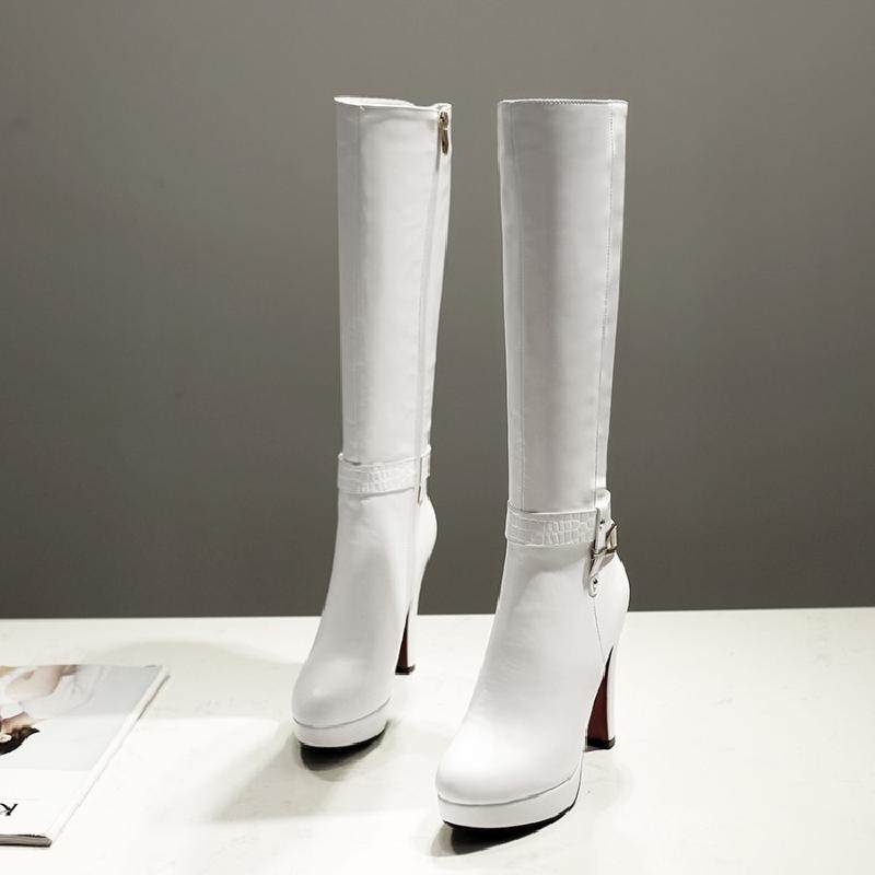 欧美时尚高跟高筒靴女 粗跟厚底骑士靴女靴子秋冬款圆头白色长靴,淘宝优惠券,粉丝福利购,淘宝优惠卷