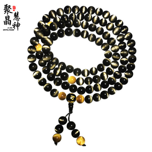 一物一图天然金曜石猫眼手链108颗佛珠多圈弧形猫眼石黑曜石手串 - 图3