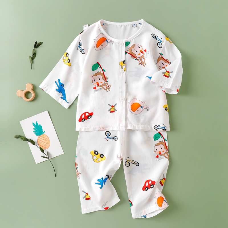 夏季新款男女宝宝绵绸家居服套装儿童薄款睡衣开衫婴儿棉绸空调服 - 图2