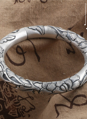 手工定制民族风盛放牡丹银镯子