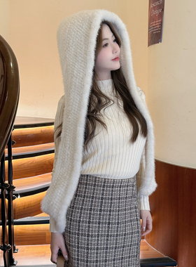 水貂毛编织风雪帽女围巾帽子一体