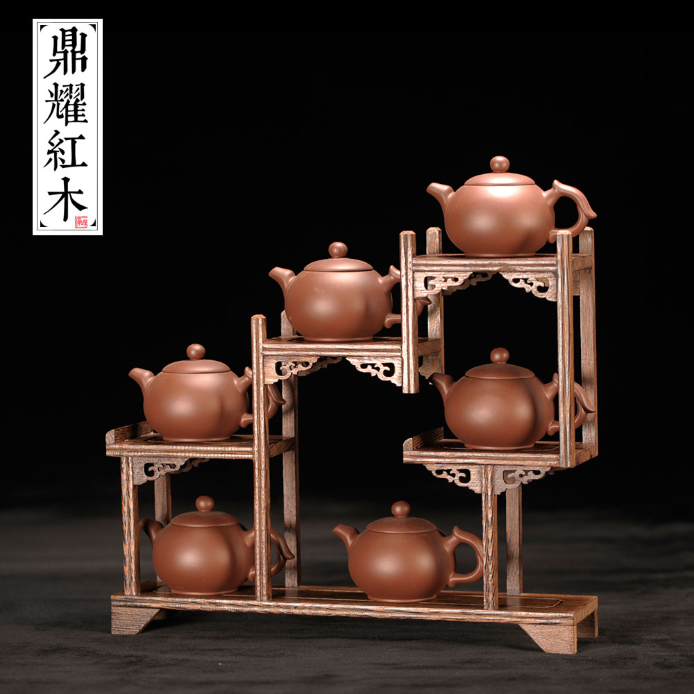 红木博古架小型多宝阁鸡翅木茶具架实木置物架紫砂茶壶底座展示架 - 图1