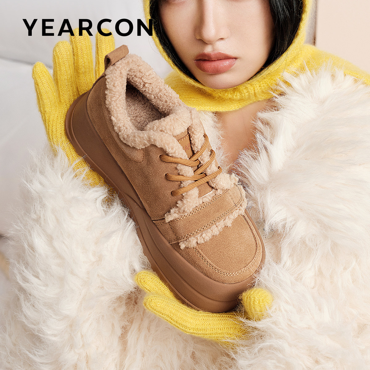 意尔康真皮厚底毛毛鞋雪地靴棉鞋女保暖加绒板鞋2025冬款勃肯鞋,淘宝优惠券,粉丝福利购,淘宝优惠卷