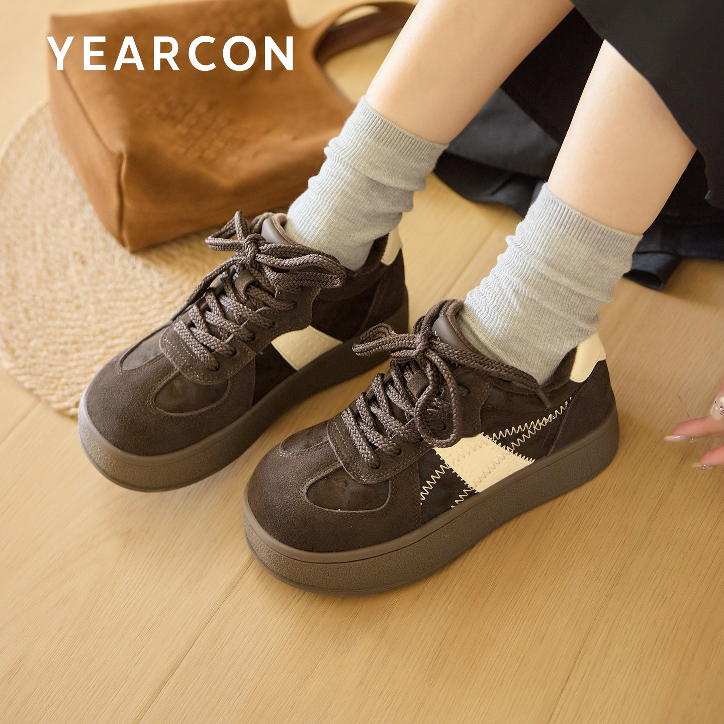 意尔康加绒保暖德训鞋女厚底增高2025冬新款复古棕色棉鞋休闲板鞋,淘宝优惠券,粉丝福利购,淘宝优惠卷