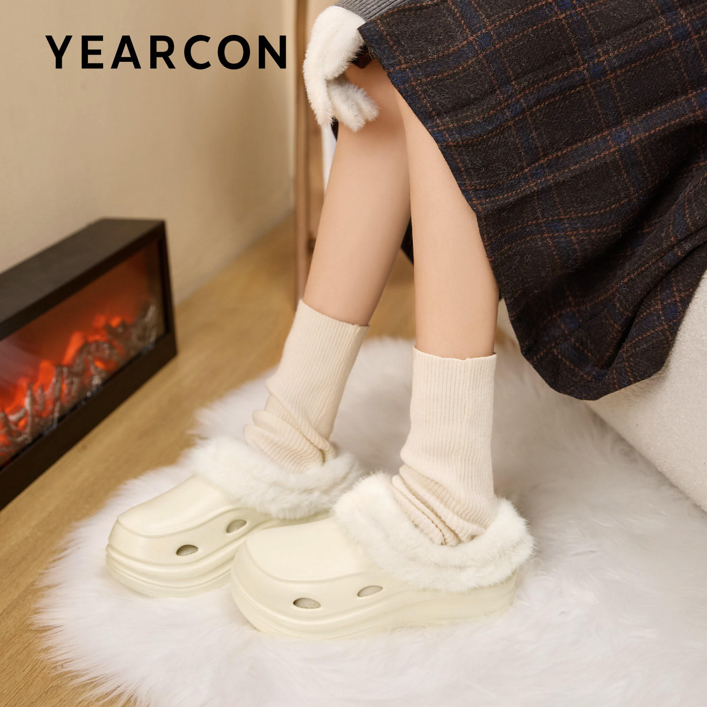 意尔康毛毛拖鞋女士外穿2025秋冬新款室内家居加绒厚底洞洞棉拖鞋,淘宝优惠券,粉丝福利购,淘宝优惠卷