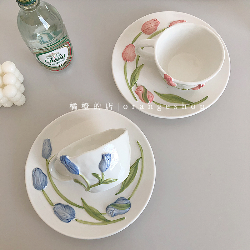 橘橙*ins立体浮雕郁金香餐具简约陶瓷碗碟杯子高颜值甜品韩式装饰 - 图0