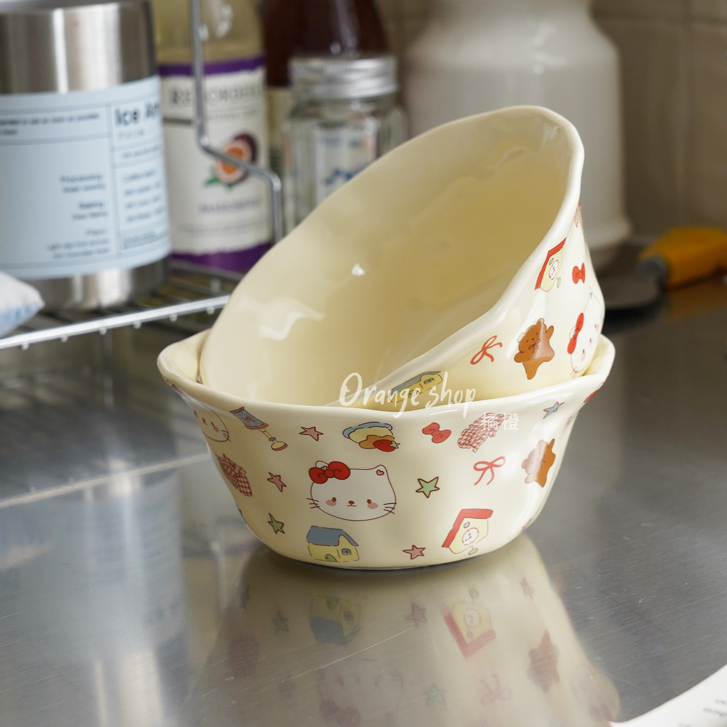 复古豹纹陶瓷碗卡通凯蒂猫花边碗可爱少女心简约风饭碗甜品碗家用