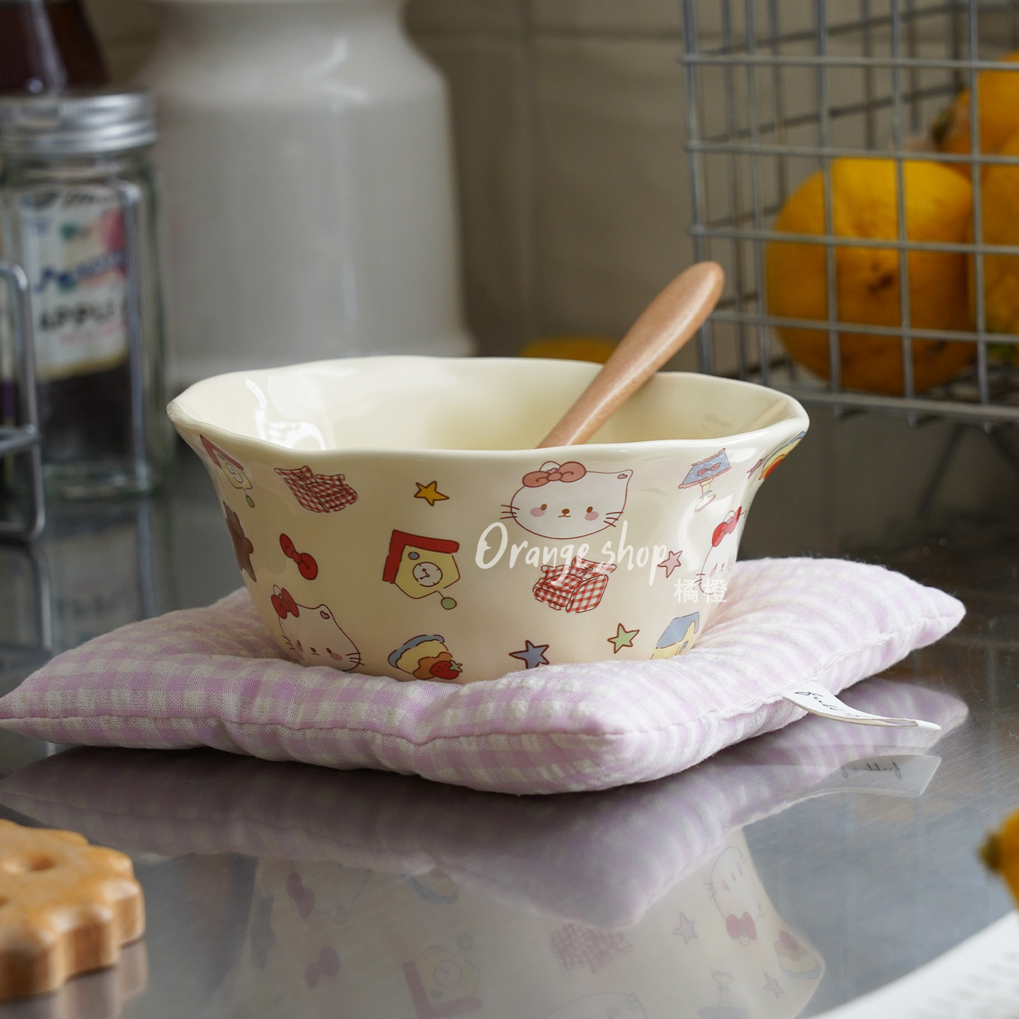 复古豹纹陶瓷碗卡通凯蒂猫花边碗可爱少女心简约风饭碗甜品碗家用