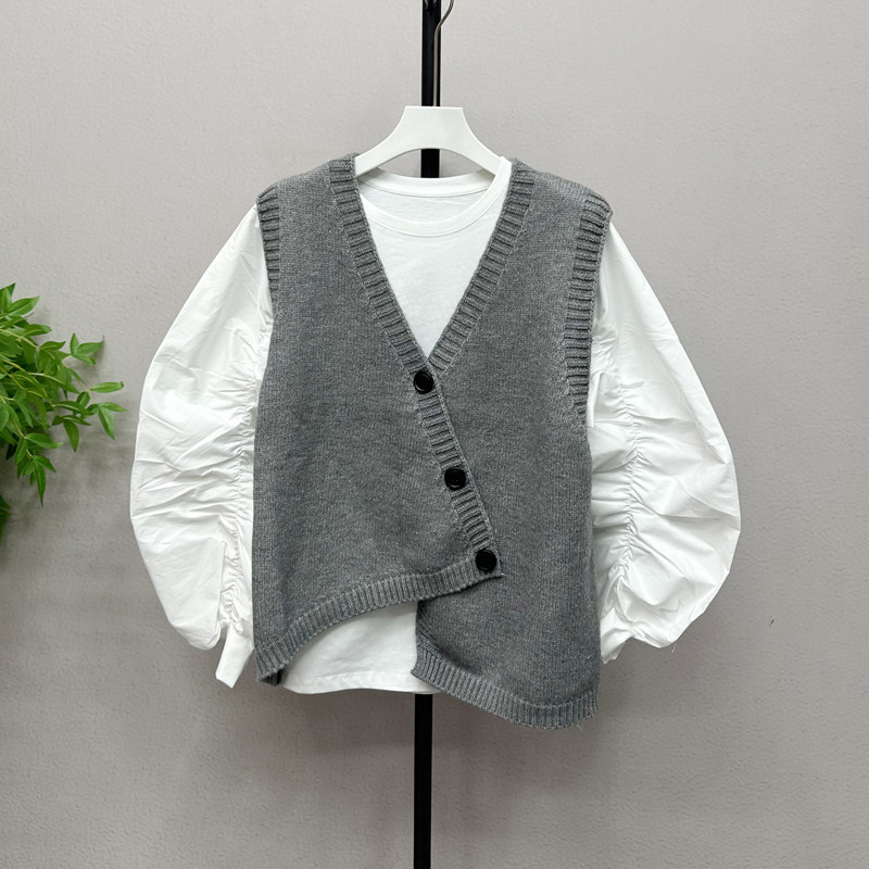 轻熟简约风V领不规则针织马甲皱褶长袖设计感T恤洋气两件套67293H,淘宝优惠券,粉丝福利购,淘宝优惠卷