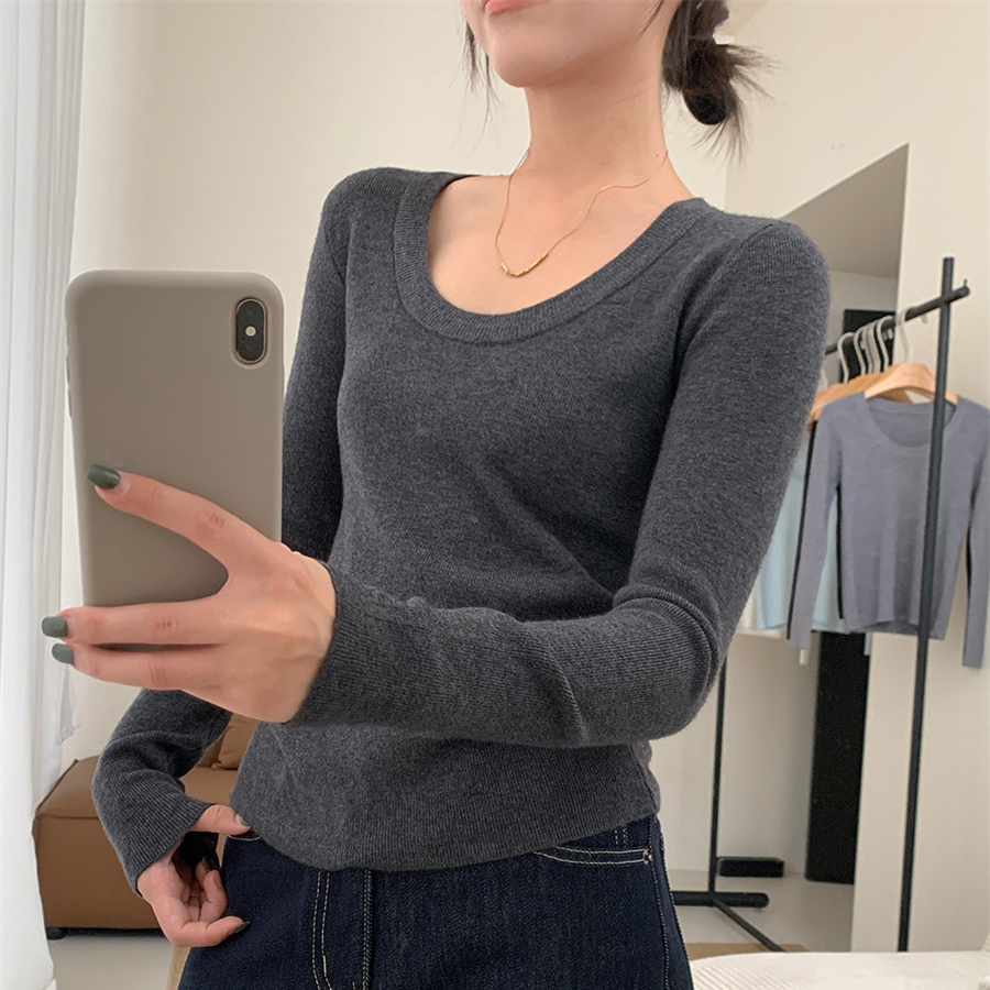 休闲风纯色简约U领打底衫女2025秋季新款时尚百搭弹力修身长袖T恤