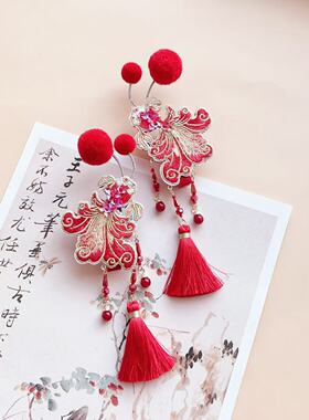 Mao手作348红色锦鲤跃莲古风蝴蝶结发饰珍珠飘带百搭气质弹簧夹