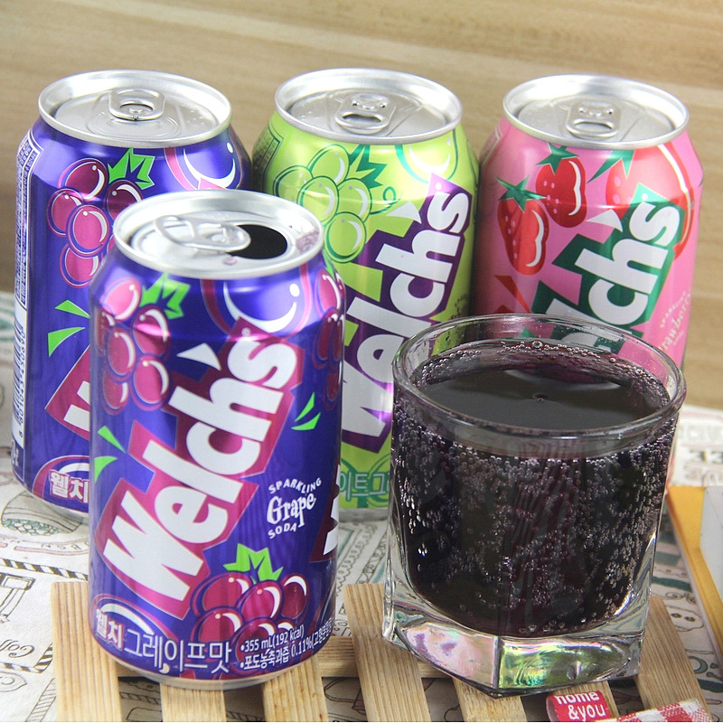 韩国进口威尔士果味汽水碳酸饮料355ml/罐葡萄果味苏打气泡水饮品 - 图1