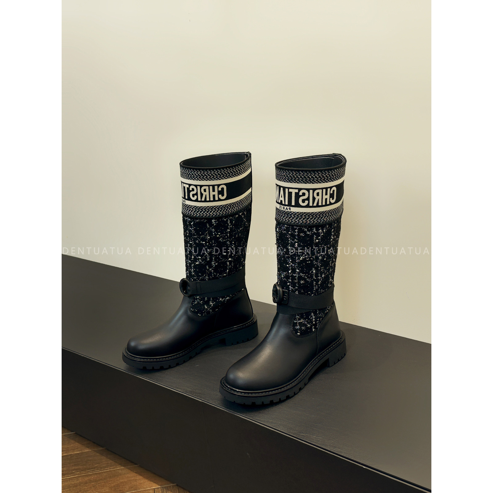 DENTUATUA 版本天花板~怎么搭都好看！拼接厚底圆头长靴高筒靴 女,淘宝优惠券,粉丝福利购,淘宝优惠卷