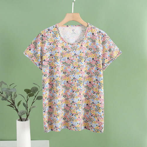 AB夏季新品纯棉女士家居服汗衫中老年宽松妈妈衫圆领印花短袖睡衣 - 图0